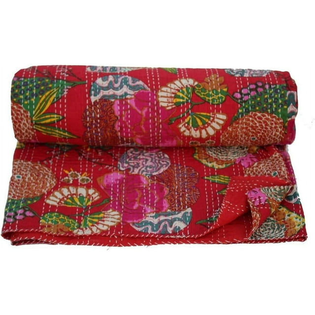 ColorFull House Courtepointe Kantha Indienne Tissée à la Main à Imprimé Floral, Couvre-Lit, Drap, Couverture Jetée Format (Double 90 Pouces x 108 Pouces)