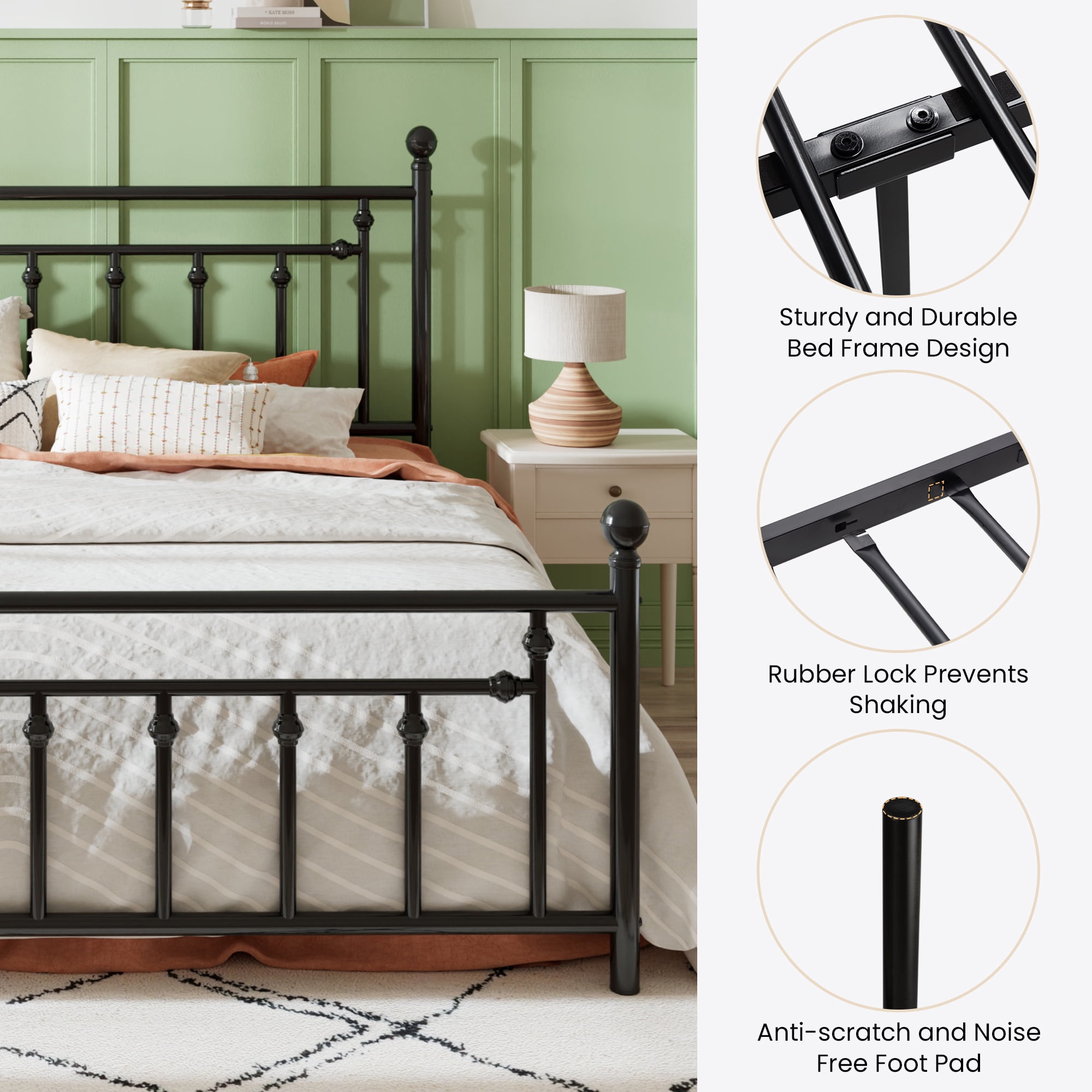 Sha Cerlin Black King Size Metal Platform Bed Frame with Victorian Vintage Headboard & Footboard