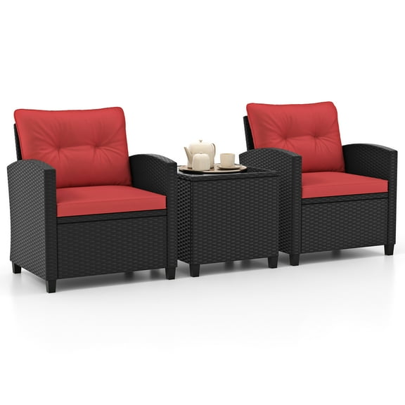 Gymax 3 PCS Patio Furniture Set w/Tempered Glass Coffee Table Washable Cushions Red