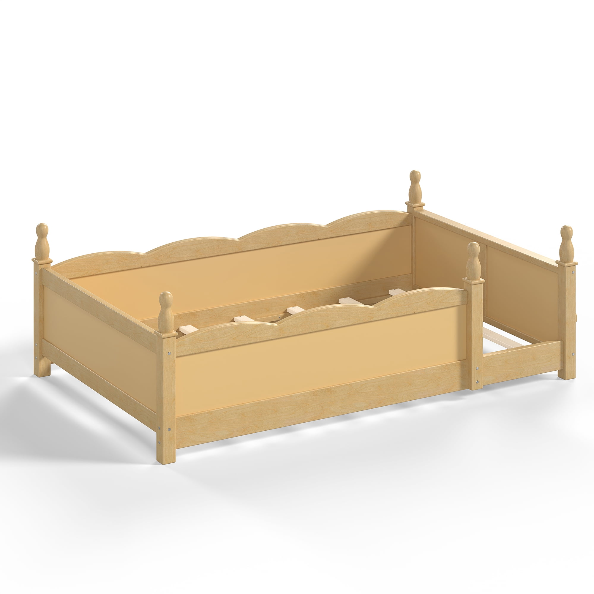 Montessori Twin Floor Bed with Full-Length Guardrails and Bookshelf, Low Profile Kids Bed with Childlike Design, Natural