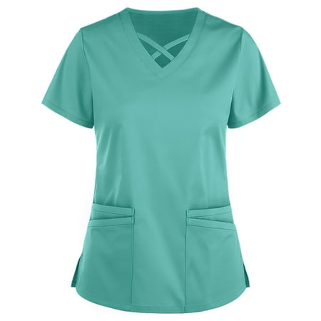 

Women s Casual Scrub Tops V-Neck Solid Color Workwear T Shirts Lightweight Breathable Slim Fit Tunic Nurse Uniform Tee with Pockets