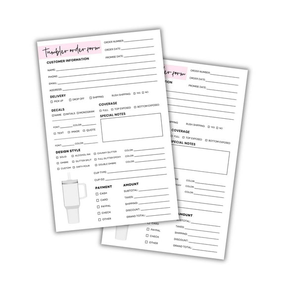 Custom Tumbler Cup Mug Order Forms 50pk 8.5x5.5 Log Book Cleaning and Care Washing Instructions Client Thank You for Ordering with Straw Topper Personalized Monogrammed