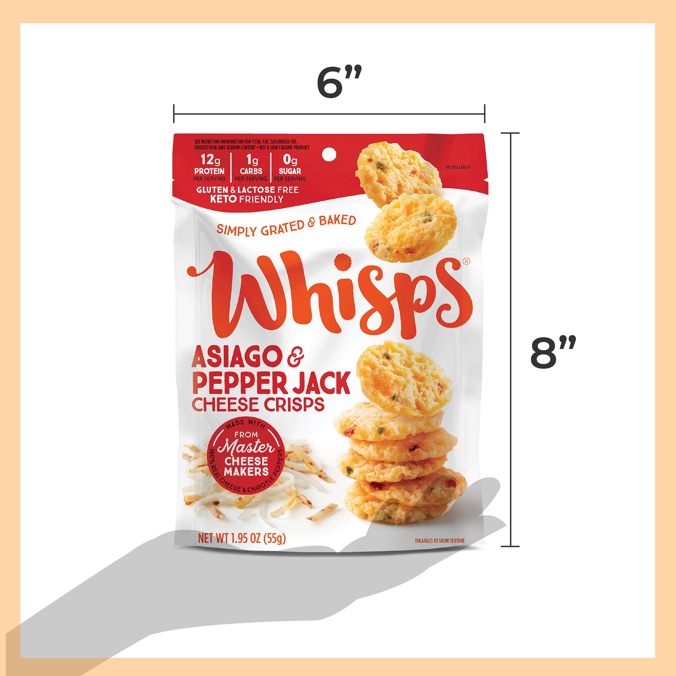 (4 pack) Whisps Asiago & Pepper Jack Cheese Crisps, Protein from 100% Cheese, 1.95 oz