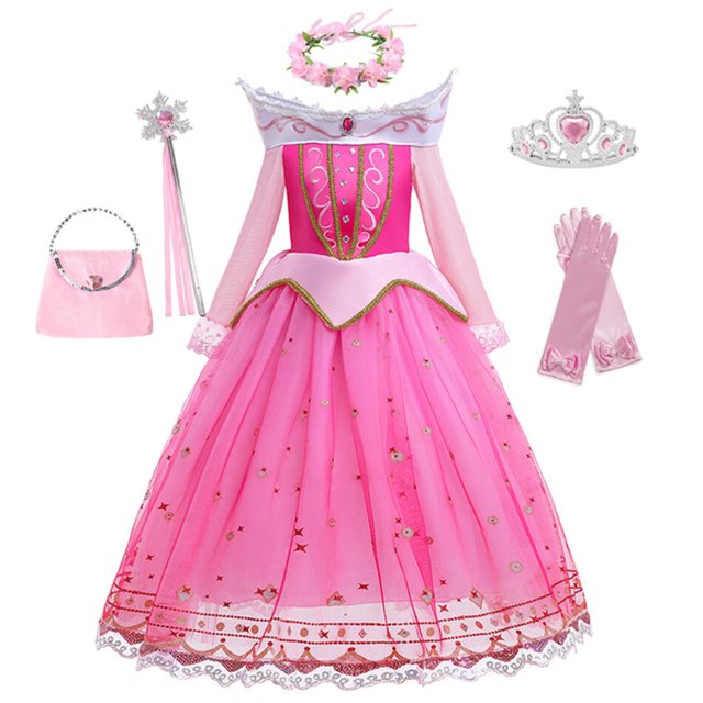 Disfraz de Bella Durmiente de Disney para niña, vestido de Aurora, manga larga, hombros descubiertos, niño, Halloween, Navidad, fiesta elegante, ropa de princesa 9-10Y Tag-150 Gao Jinjia LED