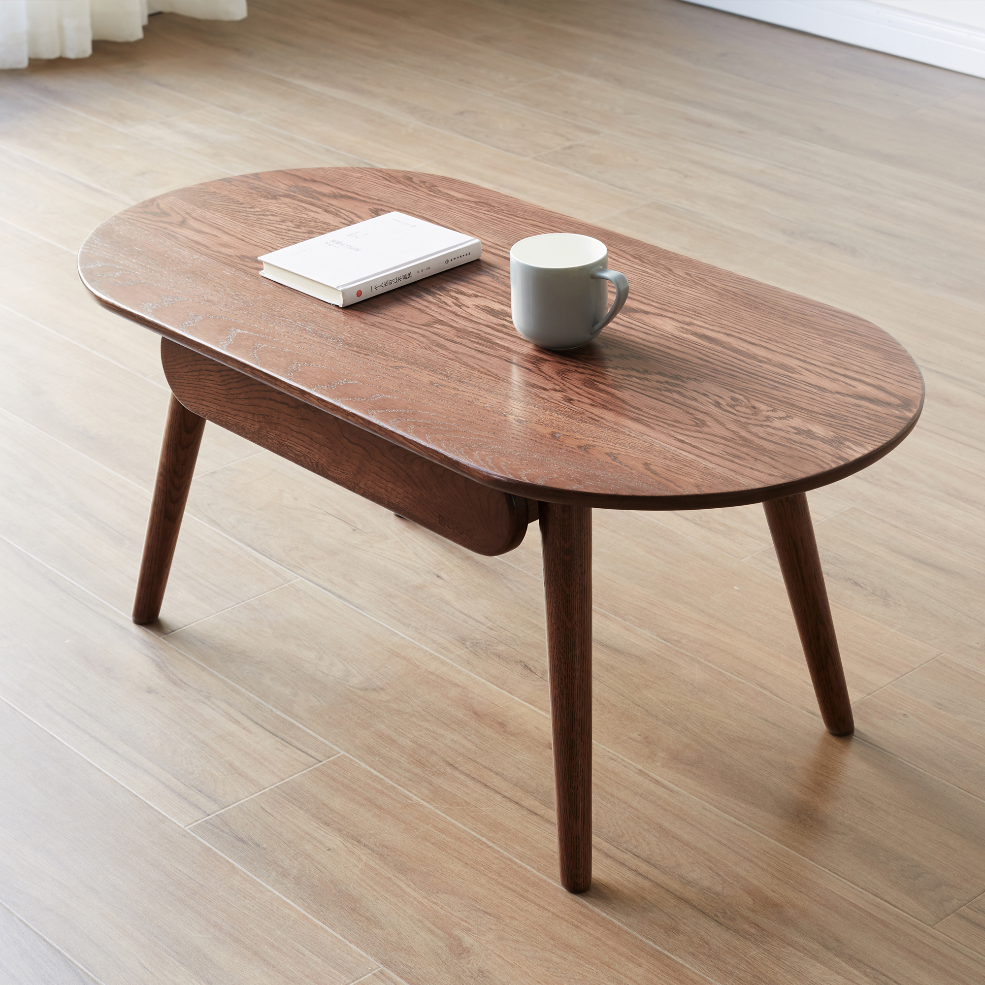 MAYEERTY Capsule Solid Oak Coffee Table with Storage Drawers – Modern Oval Center Table for Living Room & Home Office