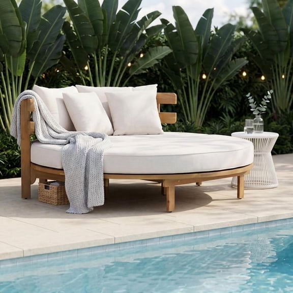 Outdoor Acacia Wood Round Double Daybed, Patio Chaise Lounge Sofa Bed with Curved Backrest, Cushions and 4 Pillows