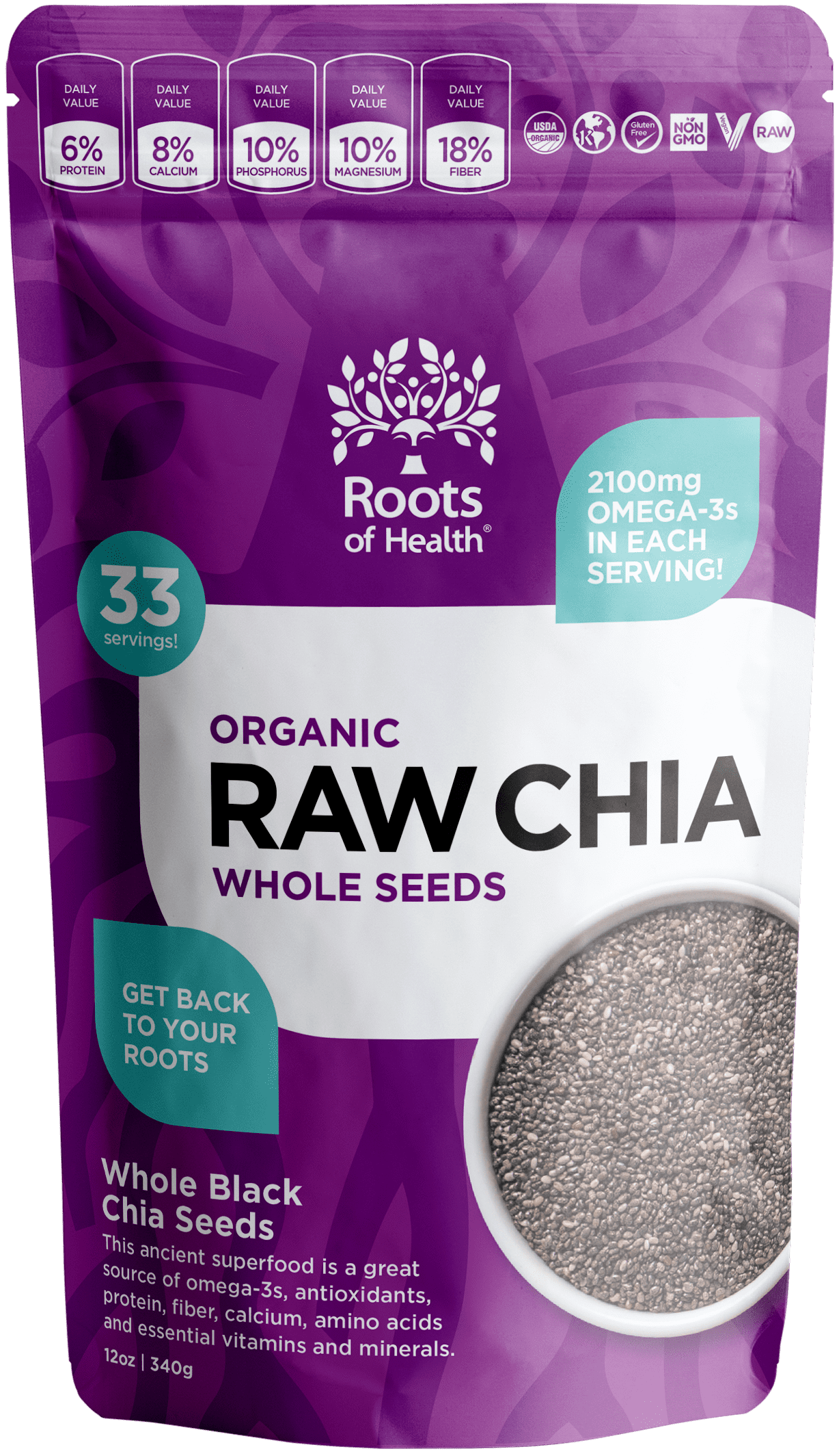 Roots of Health Organic Raw Chia Whole Seeds 12 oz.