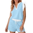 thumbnail image 3 of Bloomae Womens 2 Piece Lounge Sets Summer Outfits Color Block V Neck Ruffle Cap Sleeve Tops and Drawsting Elastic Waist Shorts Loose Comfy Beach Vacation Matching Set Light Blue M, 3 of 10