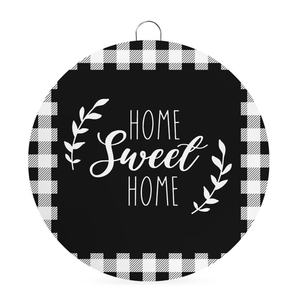 Round Welcome Sign for Front Door, Home Sweet Buffalo Plaid Hanging Metal Farmhouse Wall Decor for Porch Entryway, Farmhouse Black White Checker Decoration for Holiday Housewarming Gift, 6 in