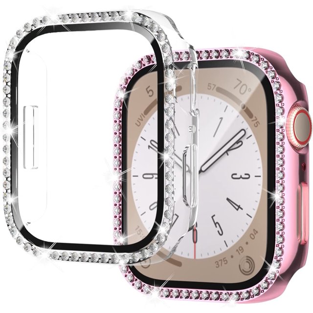 Case for Series 8 41mm & Series 7 41mm with Screen Protector, 2 Pack Hard PC Bling Bumper Shiny Crystal Diamond Rhinestone Protective Cover for iWatch 8 7 Accessories 41mm Women, Clear+Pink