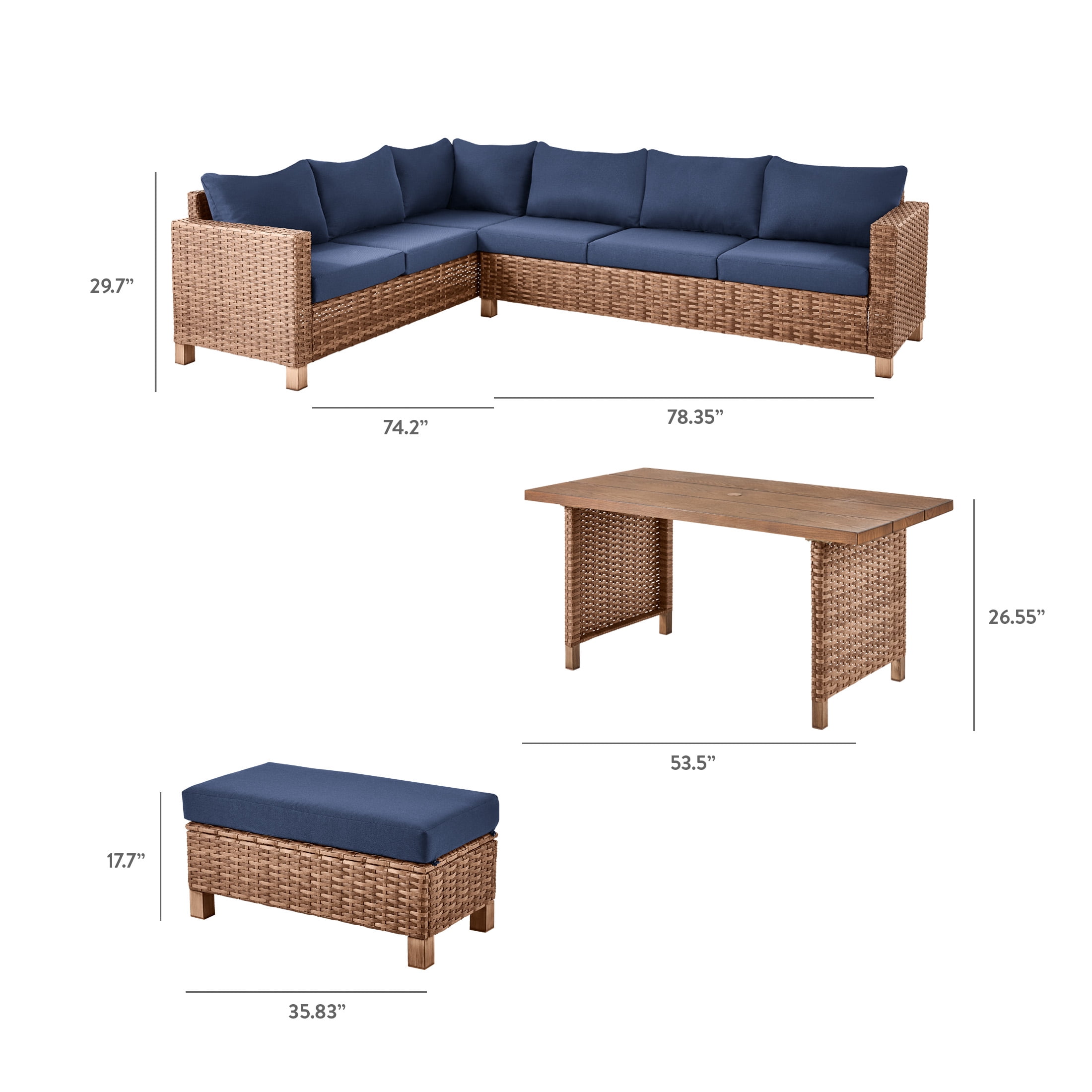 Better Homes & Gardens Brookbury 4-Piece Wicker Patio Sectional Dining Set with Navy Cushions