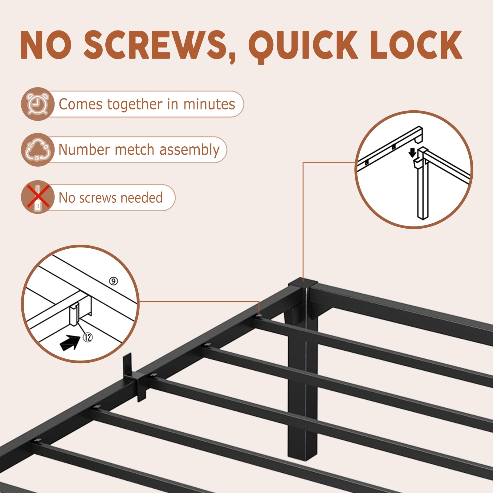 King Bed Frame, 14" High Platform Bed Frame, Heavy Duty Steel Slat Support King Size with Storage Space, Support Up to 800 LBS, No Screws Needed, Easy Assembly (Black)