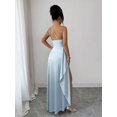 thumbnail image 2 of Womens Baby Blue Satin One Shoulder Ruched Waist High Slit Maxi Evening, 2 of 7