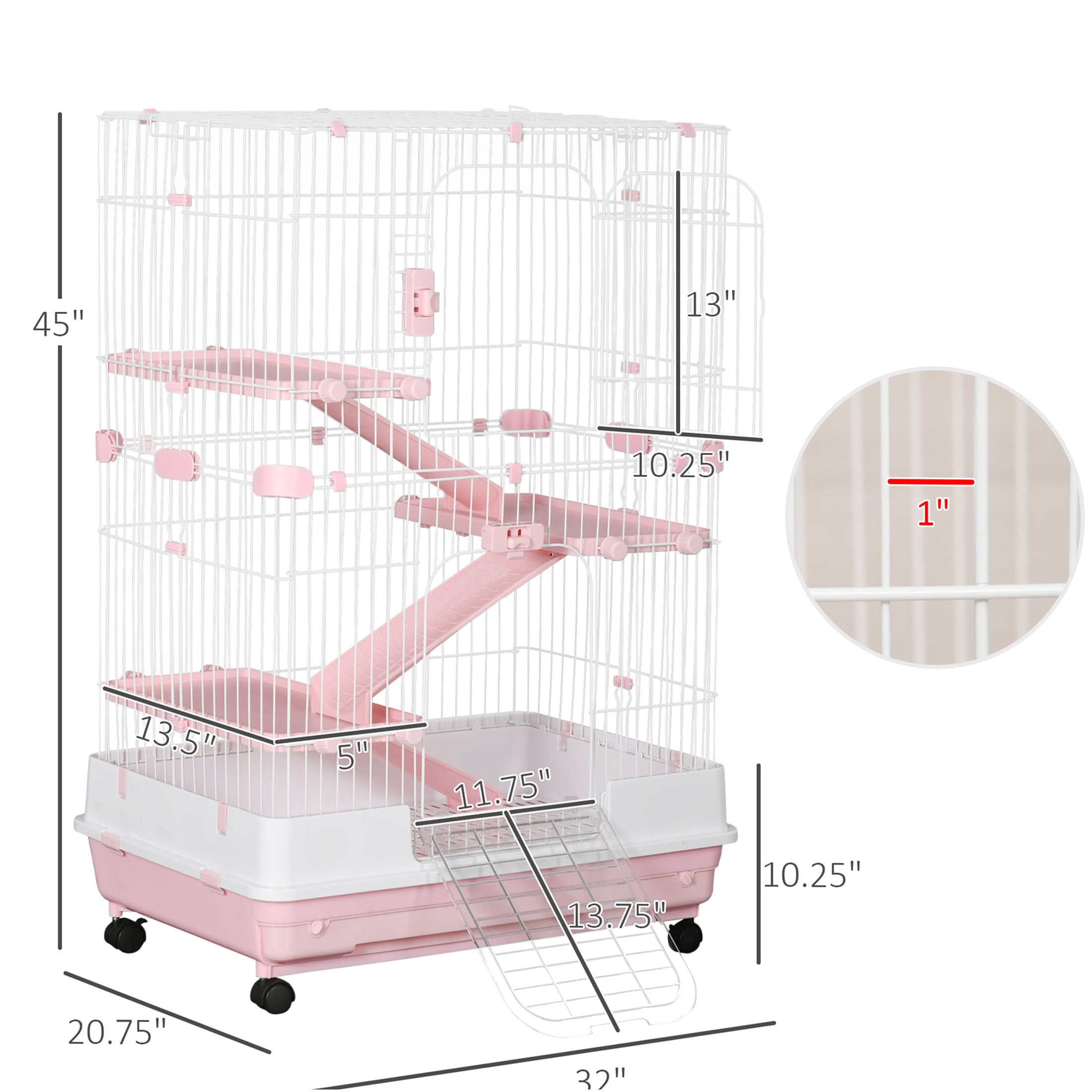JERFIT Pink Metal Rabbit Hutch on Wheels, 32" Indoor Small Animal Cage for Rabbits, Chinchillas, Guinea Pigs with Ramp, Platform & Removable Tray