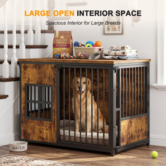 41" Wooden Dog Crate Furniture with Storage Top, Large Dog Cage for Home