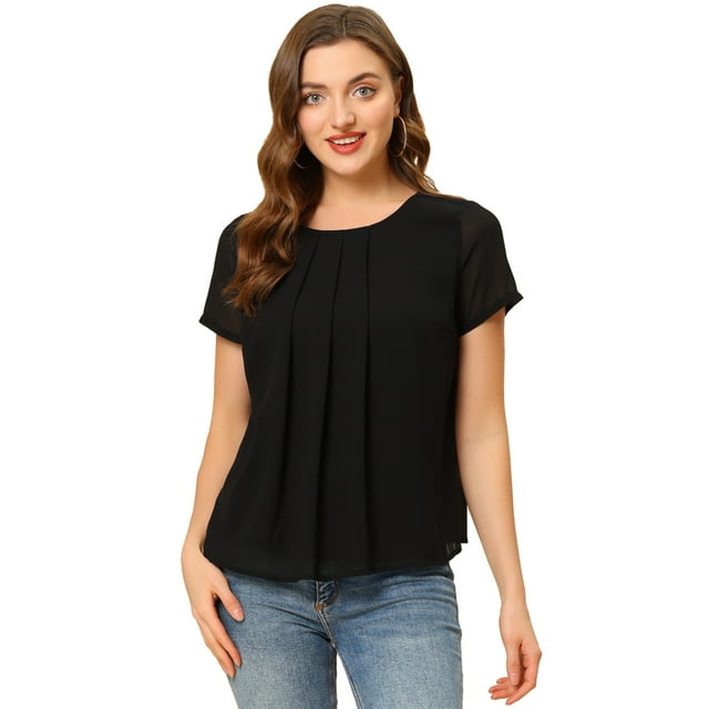 Unique Bargains Blouse d'Été Plissée à Manches Courtes en Chiffon pour Femmes Noir L