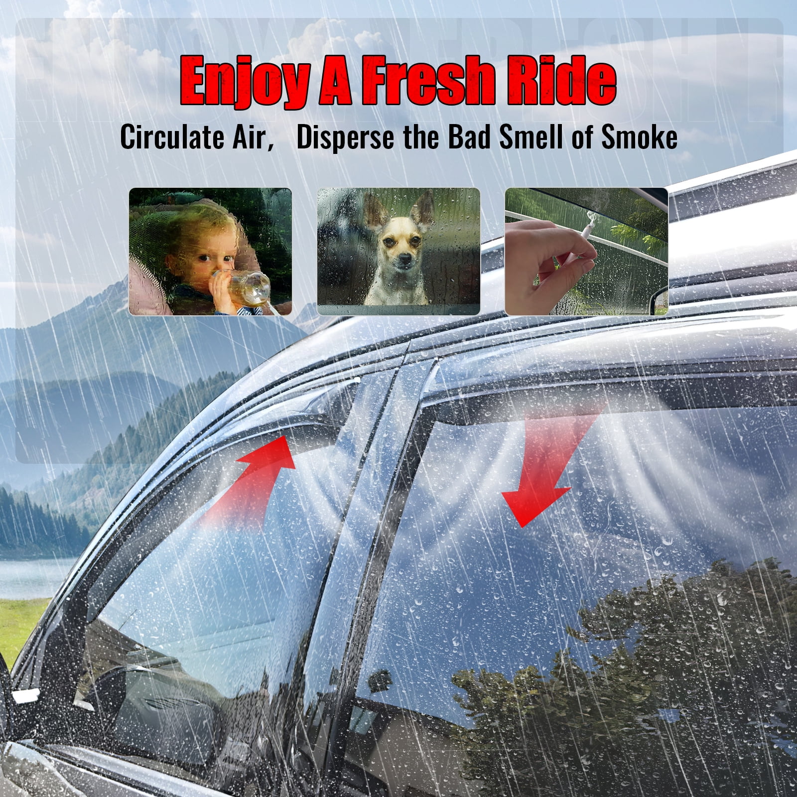 Ikon Motorsports In-Channel Window Visors Fits 2015-2024 Ford Edge, Slim Style Side Door Rain Vent Guard Deflectors, Acrylic Smoke 4PCS