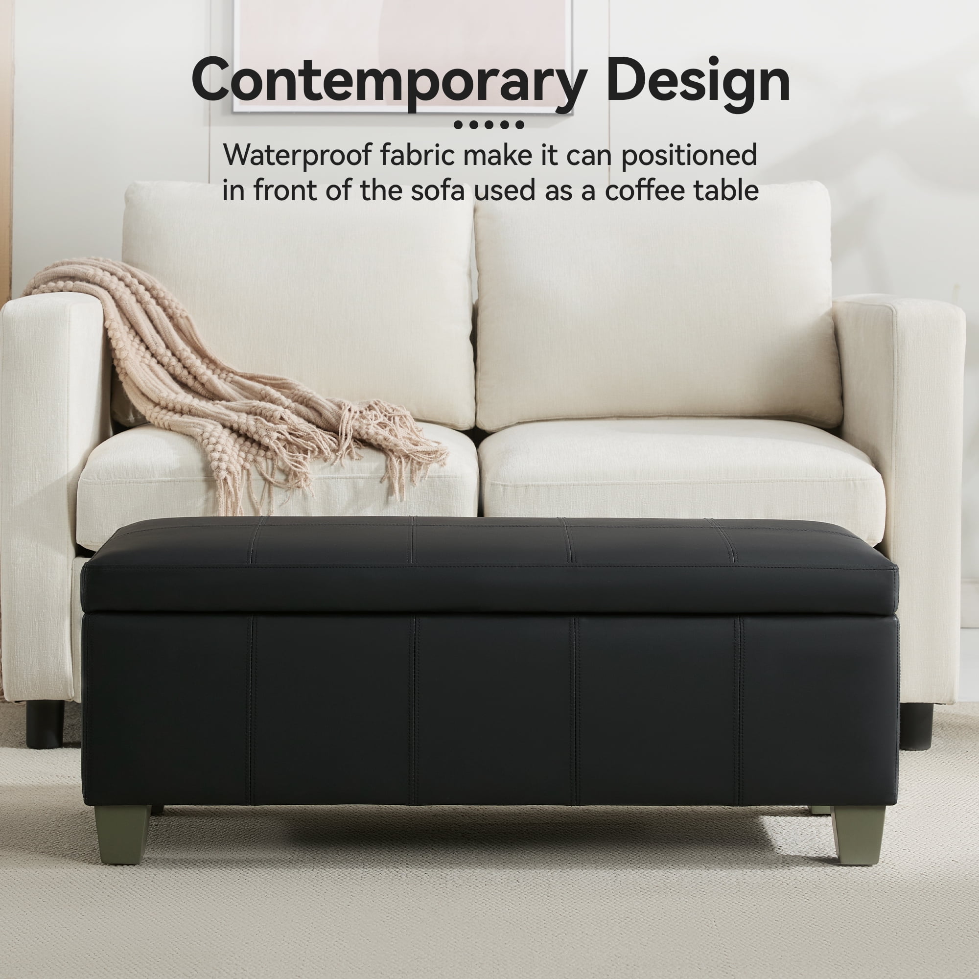 41'' Faux Leather Storage Ottoman Bench, Rectangle Upholstered Storage Bench with Wooden Legs, Stitch Tufted Bench with Storage for Bedroom, Living Room, Entryway, Dark Black
