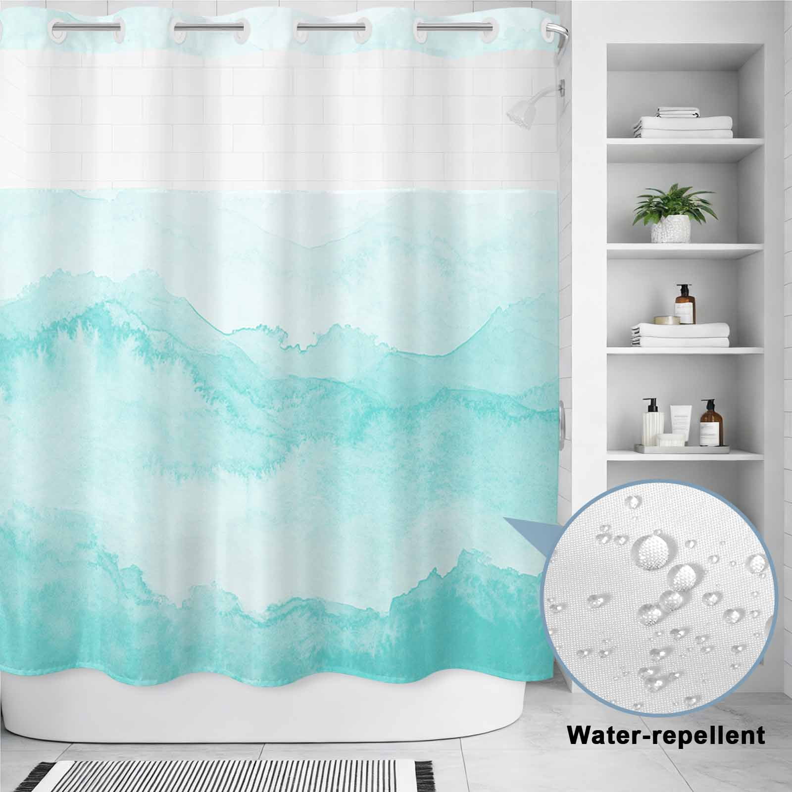 No Hook Shower Curtain Turquoise Mountain Shower Curtain for Bathroom Ombre Abstract Natural Bath Curtains Waterproof Fabric with See Through Top Window for Spa Hotel 72x72 Inch