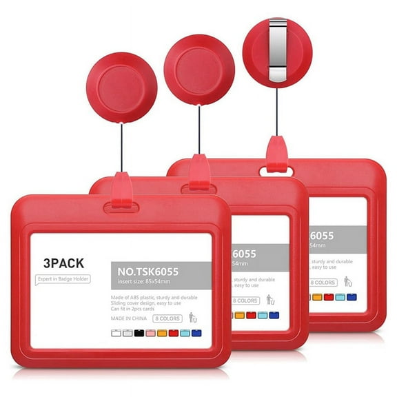 Retractable Badge Holders, Plastic Sliding ID Badge Holder with Retractable Badge Reel Clips, 3 Pack Horizontal Red
