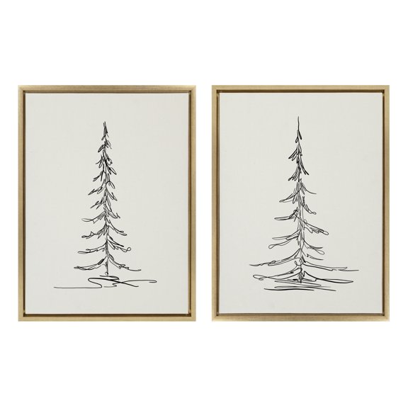 Kate and Laurel Sylvie Minimalist Evergreen Trees Sketch Framed Canvas Wall Art Set by The Creative Bunch Studio, 2 Piece 18x24 Bright Gold, Minimal Christmas Tree Sketch Art