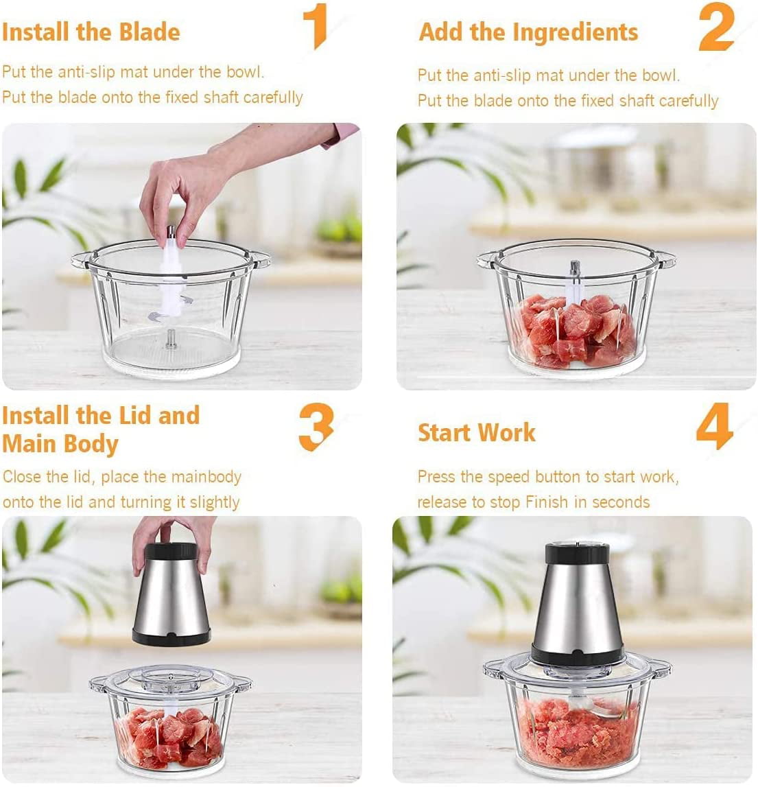 AOWAYS Electric Meat Grinder 2L 304# Stainless Steel food Processors  Chopper with 4 Sharp Blade