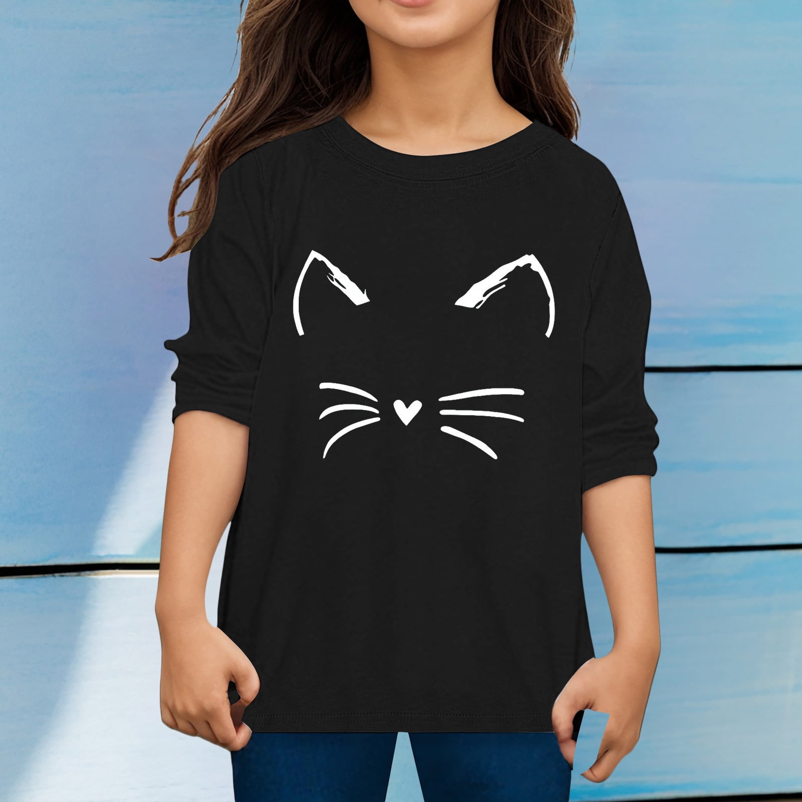 T-shirt Manches Longues Enfant - Motif Chat, Coton Doux, Coupe Confortable Pour Garçons Et Filles - 13