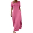 thumbnail image 2 of gljltg Women's Casual Loose Short Sleeve V Neck Long Skirt Dress, Polyester Spandex Blend, Lightweight Breathable Spring Summer, Home Daily Casual Outfit, Easy Care Hand Washable, 2 of 6