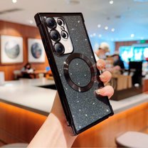 Magnetic Case for Samsung Galaxy S23 Ultra Clear Glitter Case, [Compatible with MagSafe Wireless Charging] Non-Yellowing Sparkle Shining Case for Women Girls, Rugged Shockproof Phone Case,Black