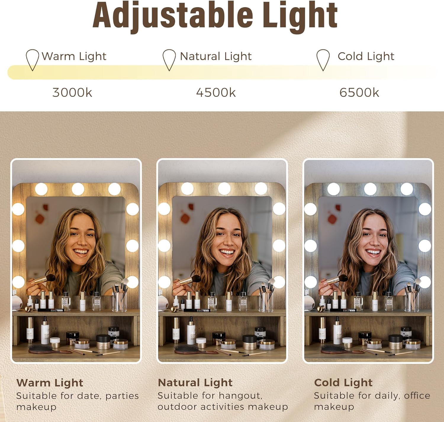 Heynemo Makeup Vanity with 3 Color Dimmable Lighted Hollywood Mirror, Vanity Table with 4 Drawers for Women Girls, Dressing Desk for Bedroom, Beauty Room, Brown
