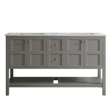 Florence 60" Double Vanity in Grey with Carrara White Marble Countertop without Mirror