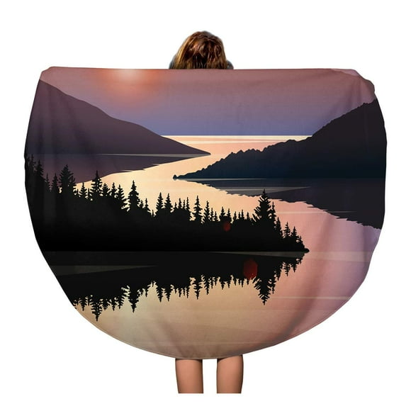 SIDONKU 60 inch Round Beach Towel Blanket Landscape Silhouettes of Distant Mountains Hills and Forest Reflecting Travel Circle Circular Towels Mat Tapestry Beach Throw