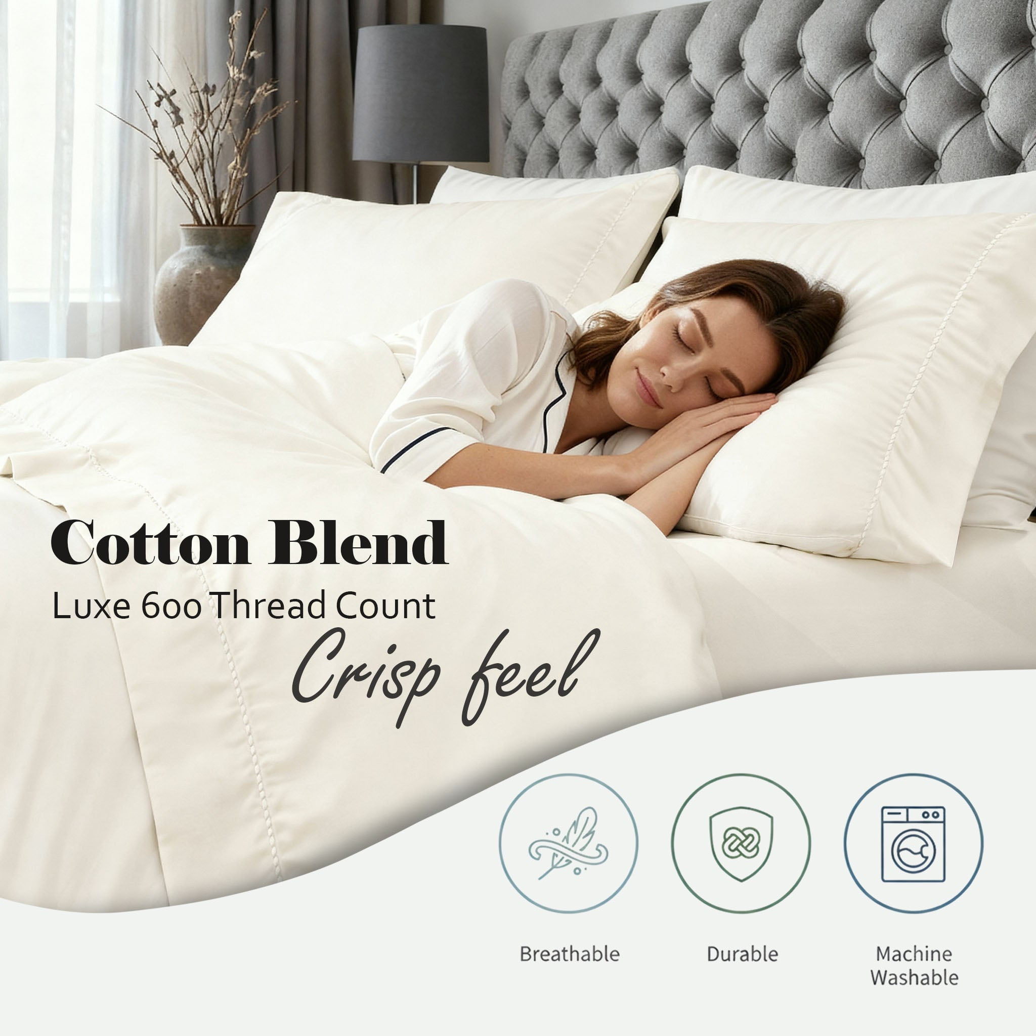Superior Cotton Blend 600 Thread Count Dash Stitch Hem Sheet Set, California King, Ivory