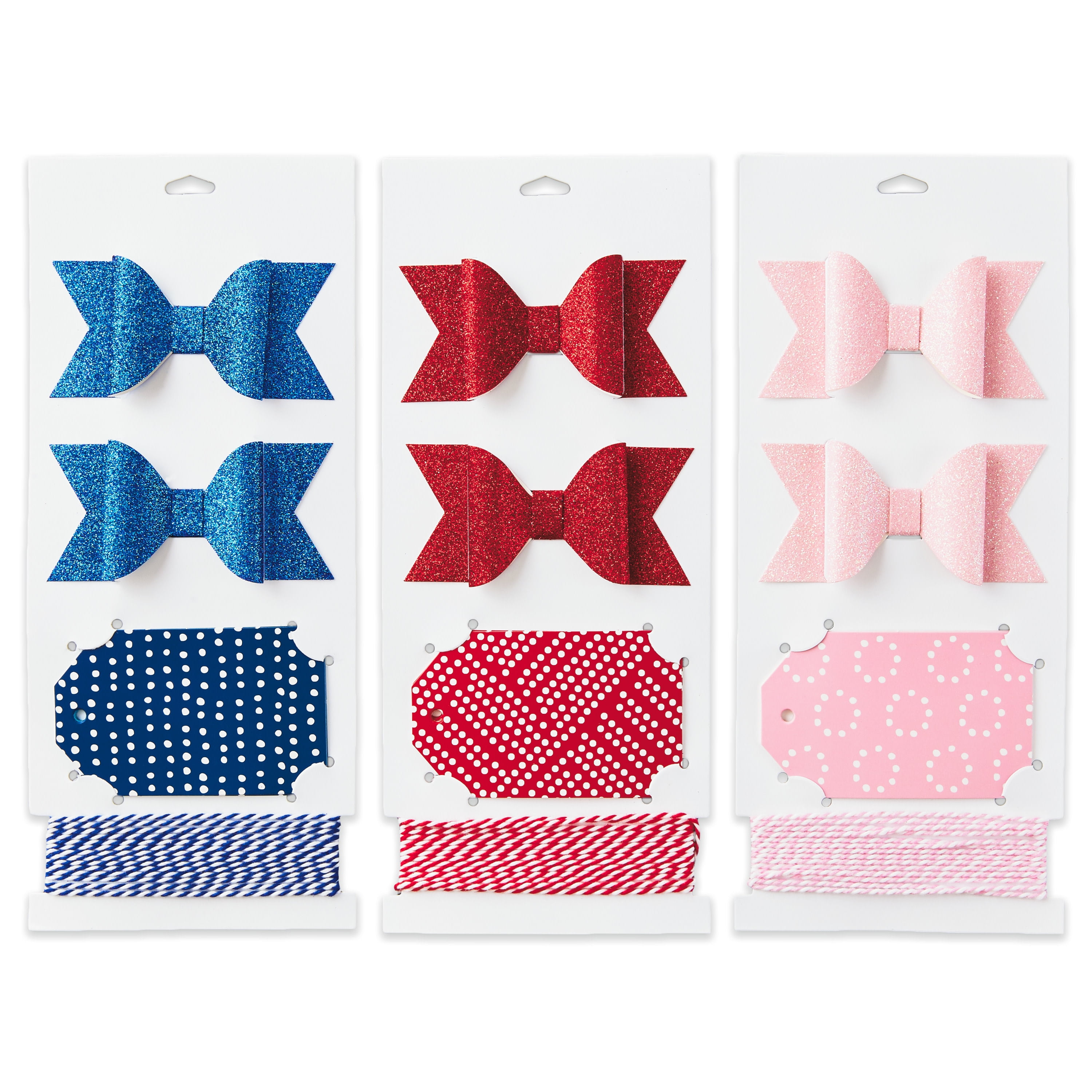Hallmark Gift Wrapping Accessories (Blue, Red, Pink) 6 Glittery Bows, 12 Matte Gift Tags, 9 Yards of Twine for Birthdays, Christmas, Hanukkah, Valentine's Day, Weddings, Baby Showers