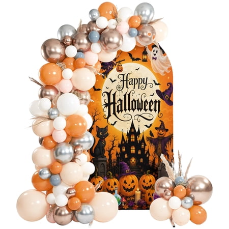 Halloween Arch Backdrop Cover 6.6Ft, Wedding Arch Covers Stretchy Backdrop, Witch Ghost Pumpkins Castle Black Cat Holiday Fitted 2 Sided Arched Photo Background for Birthday Party Decorations