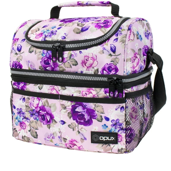 OPUX Lunch Box For Women, Insulated Large Lunch Bag Adult Work, Double Decker Lunchbox Meal Prep, Dual Compartment Leakproof Lunch Cooler, Soft Lunch Pail Tote for Girls Kids School, Floral Purple