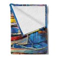 thumbnail image 2 of Country Soft Flannel Fleece Blanket, Folk Art Style Paint of Boats on Shore at Golden Yellow Sunset Cruising by the Sea, Cozy Plush for Indoor and Outdoor Use, 70" x 90", Multicolor, by Ambesonne, 2 of 5