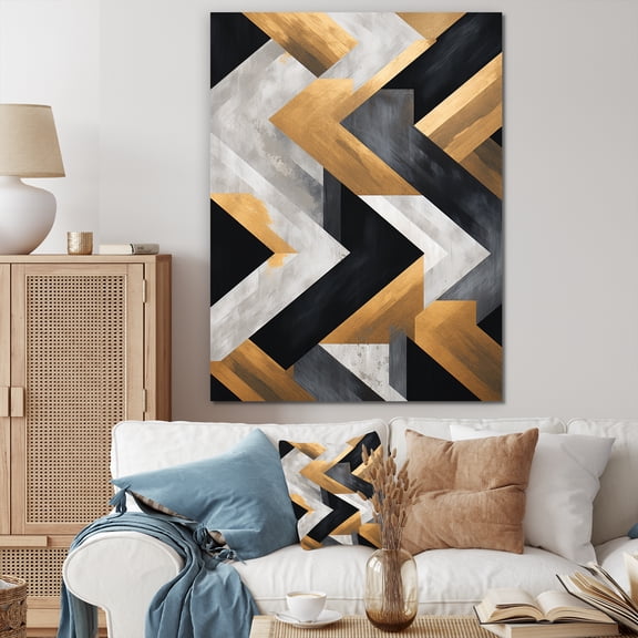 Designart "Geometric Tiles in Black and Gold II" Geometric Canvas Wall Art - Modern Gold Abstract Geometric Entryway Wall Art Print