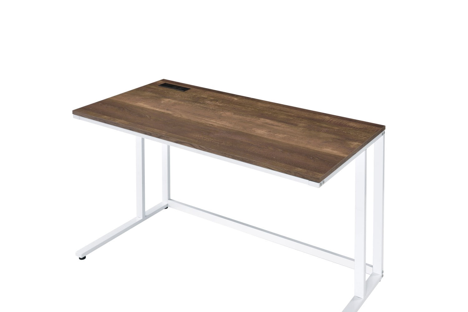 Modern Writing Desk with USB Charging Port, Walnut & White Minimalist Computer Desk, Rectangular Home Office Desk with Open Metal Base, Compact Study Table for Bedroom & Office