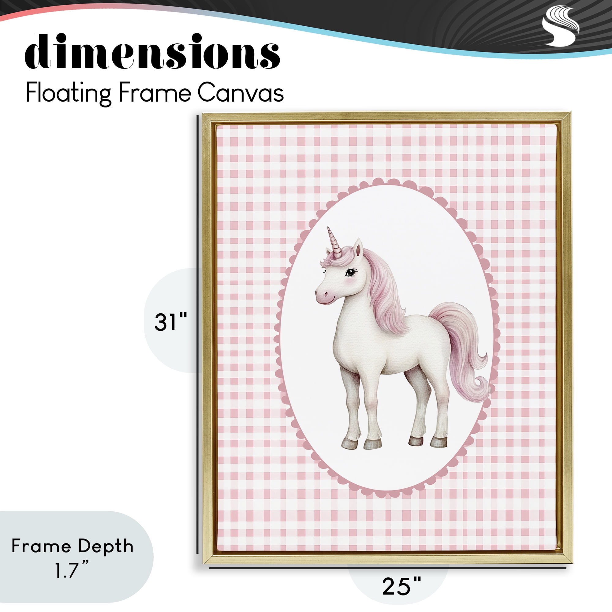 Stupell Industries Pink Gingham Unicorn Gold Framed Floater Canvas Wall Art, design by Christine Simpson Art
