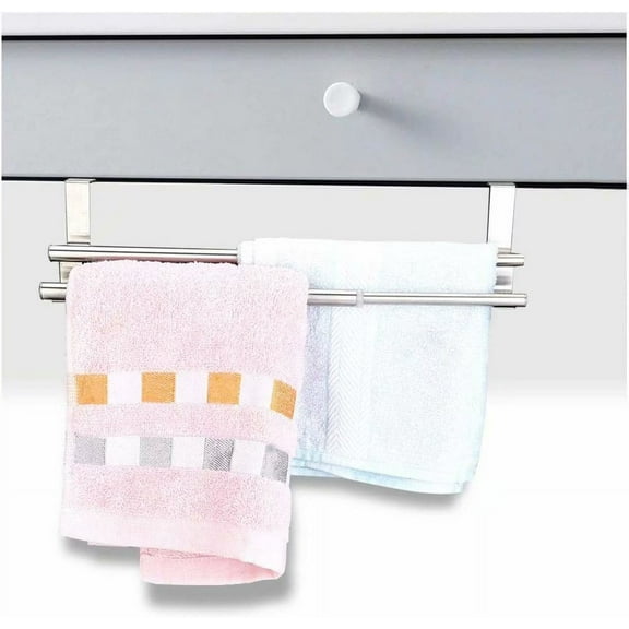 Tutuviw Kitchen Towel Holder Over Cabinet Towel Bar Rack, Expandable Double Over The Door Towel Rack for Universal Fit on Inside or Outside of Cupboard Doors , Stainless Steel