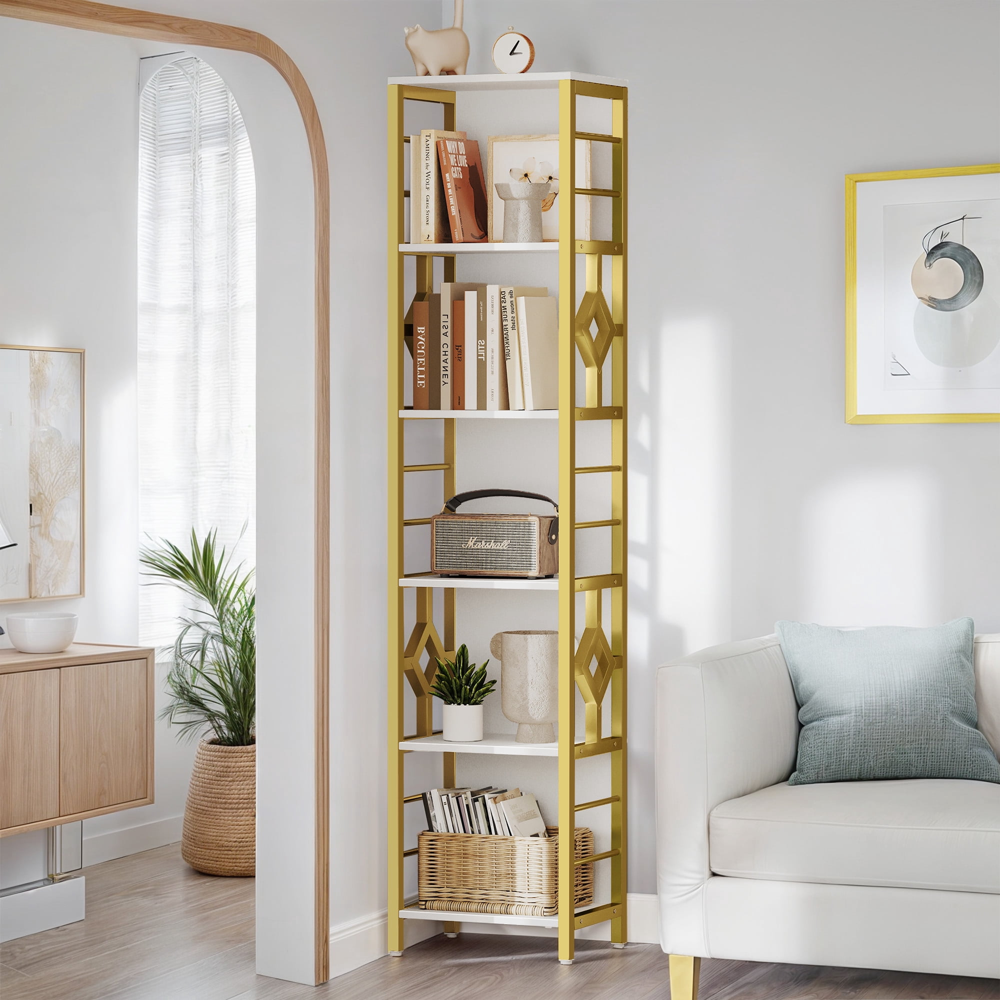 Dextrus 5-Tier White & Gold Bookshelf, Tall Narrow Bookcase with Metal Frame, Open Storage Display Rack Etagere Shelves for Living Room, Home Office