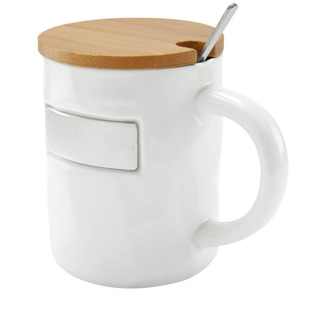 Taza de cerámica mate con tapa y cuchara de bambú-bambusa blanco 7 x 10.2