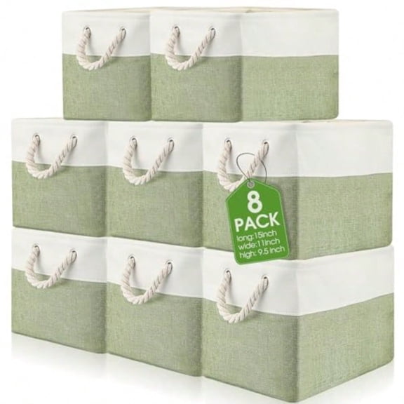 meekoo 8 Pack Collapsible Storage Bins Fabric Storage Bins Polyester Fabric Baskets with Handles Linen Closet Organizer for Shelf Home Closet Towels Toys 15 x 11 x 9.5 inGreen White