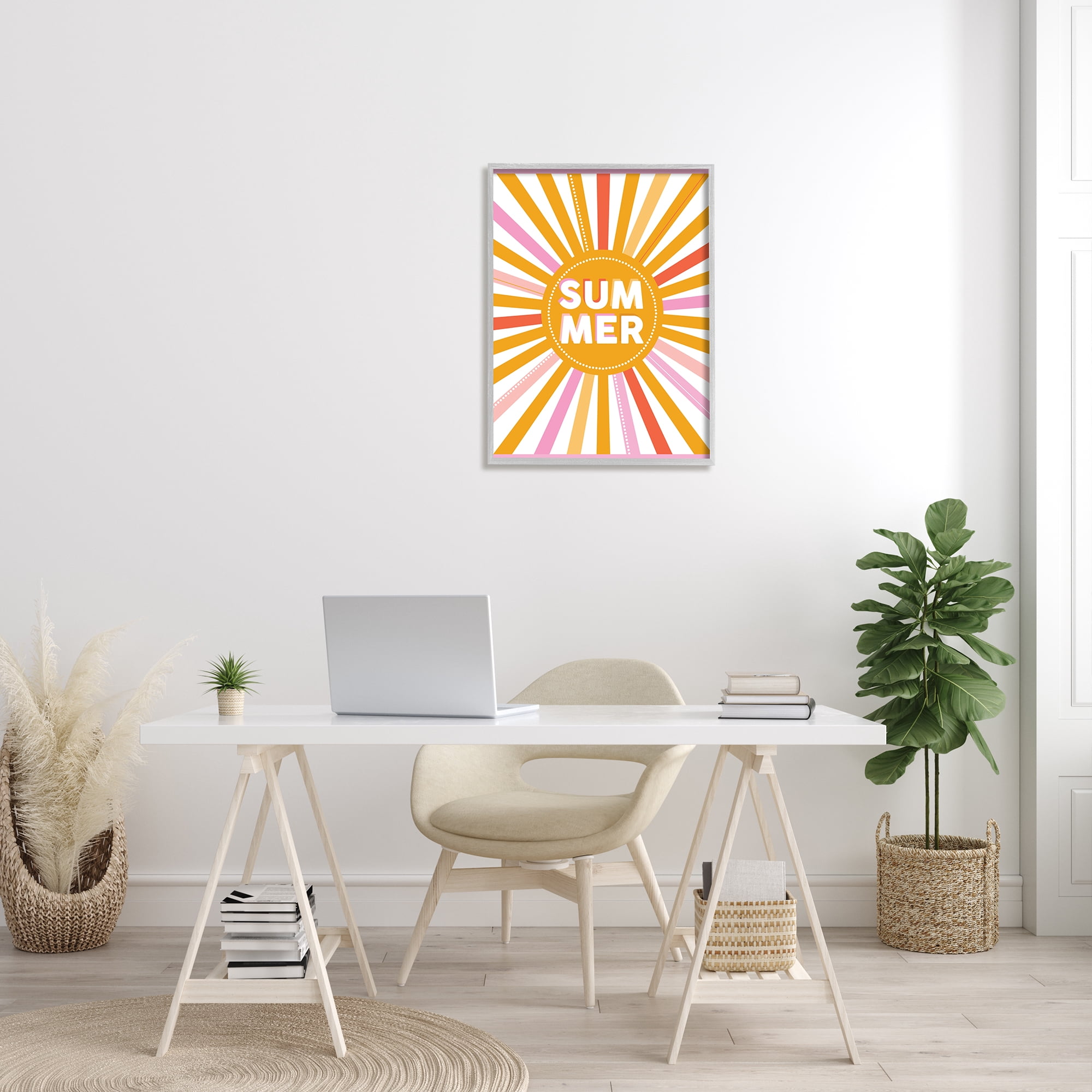 Stupell Industries Bold Summer Typography Playful Rainbow Sun Rays Graphic Art Gray Framed Art Print Wall Art, 24x30, by Angela Nickeas