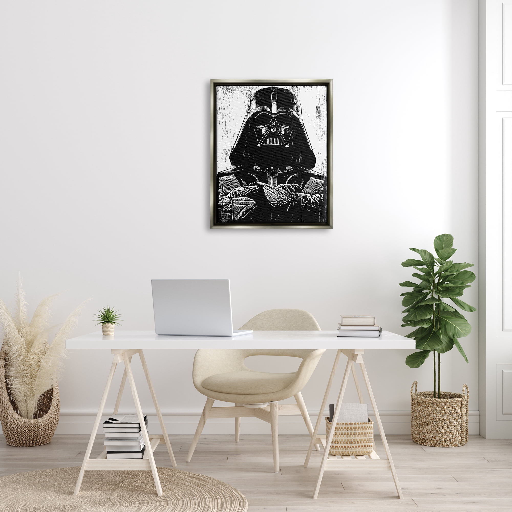 Stupell Industries Black and White Star Wars Darth Vader Distressed Wood Etching Luster Gray Framed Floating Canvas Wall Art, 24x30, by Neil Shigley