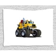 thumbnail image 1 of Truck Tapestry, Illustration of a Giant Wheeled Monster Truck Mechanic Beast Emergency, Wall Hanging for Bedroom Living Room Dorm Decor, 80W X 60L Inches, Burgundy Yellow Black, by Ambesonne, 1 of 1