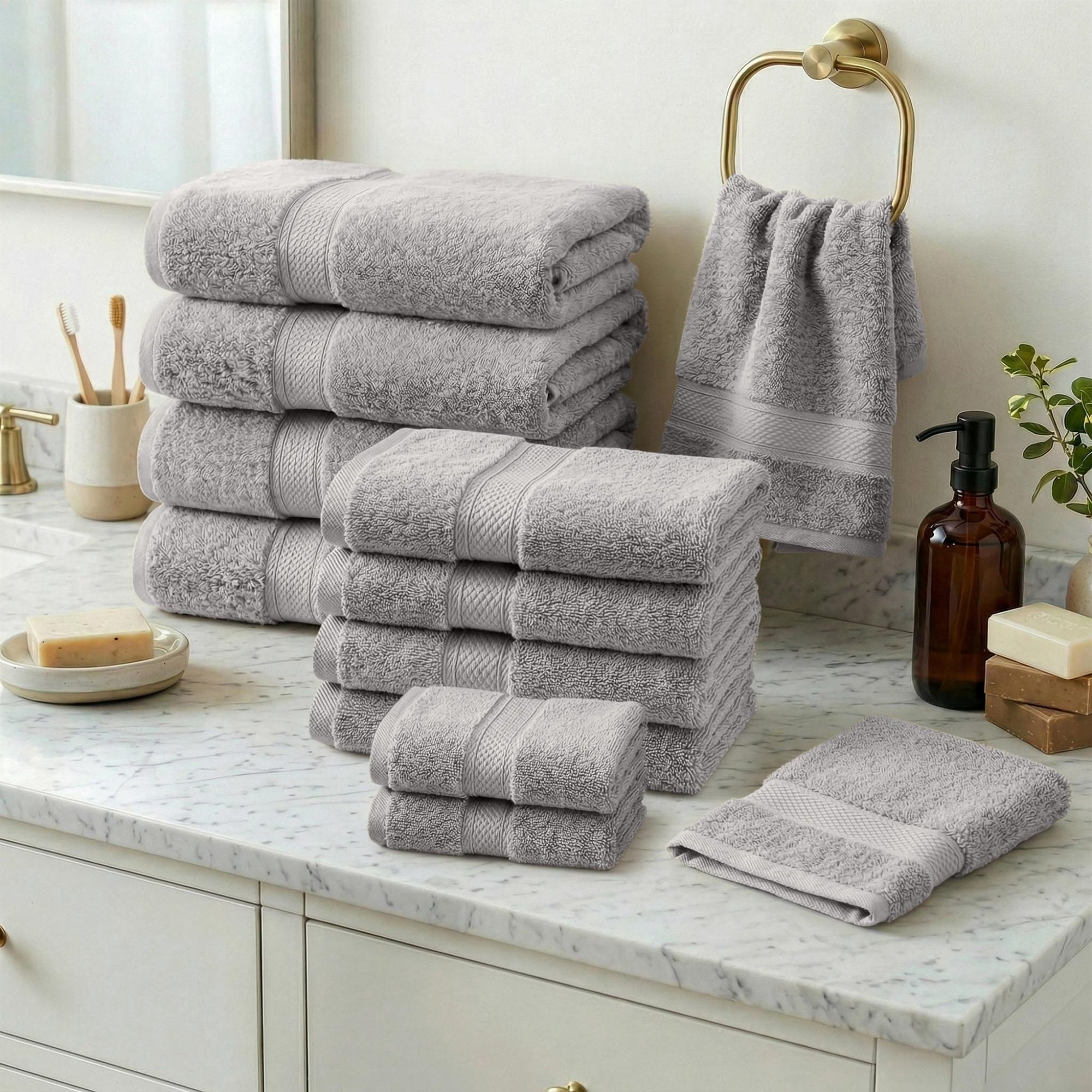Superior Madeline Egyptian Cotton Ultra-Plush 12-Piece Towel Set, Silver