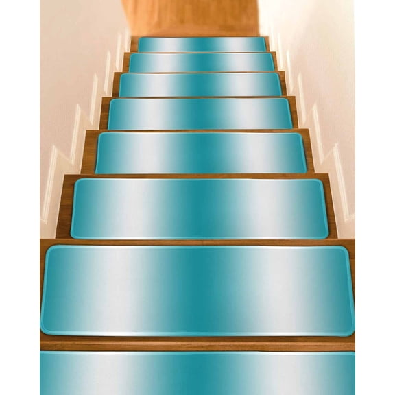 Stair Treads for Wooden Steps, Ombre Turquoise Peel and Stick Stair Treads with Adhesive, Gradient White Abstract Minimalist Stripe Non Slip Indoor Stairs Runner Rugs Mats for Elders Dogs 8"x30"10PCS
