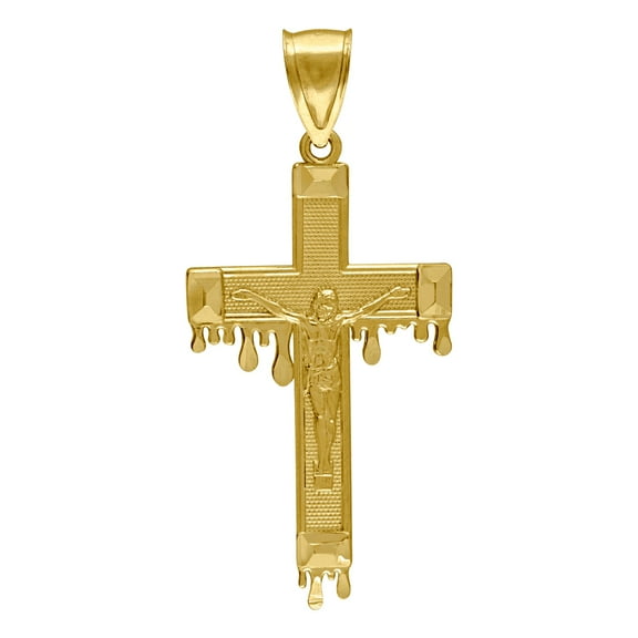 10k Yellow Gold Mens Dripping Crucifix Cross Religious Charm Pendant 53.5x24.2mm Wide Necklace for Men